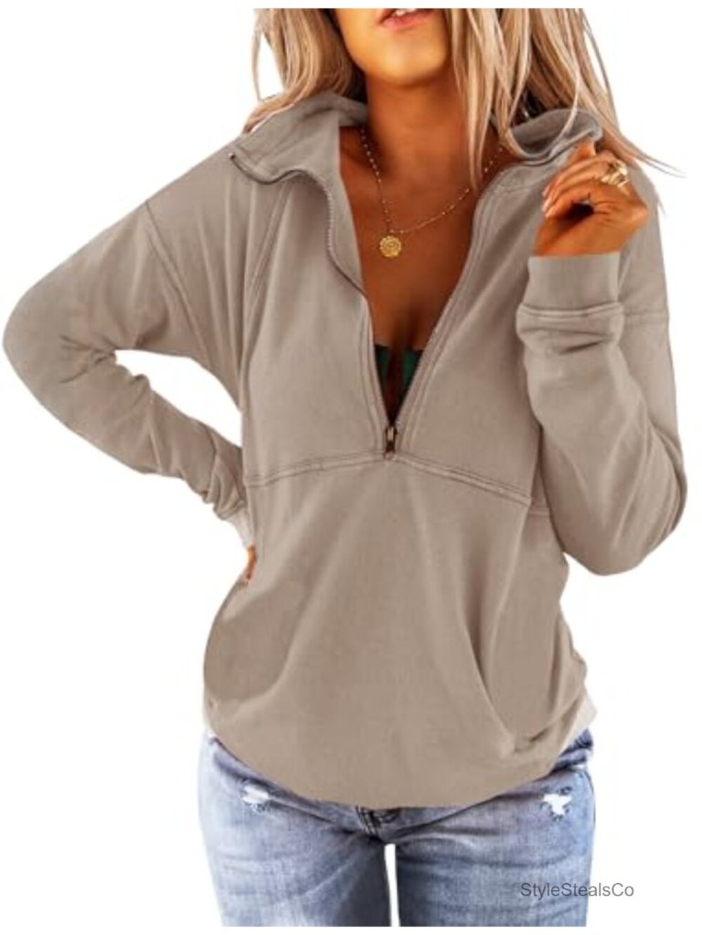 Women's Long Sleeve Half Zip Lapel Sweatshirt Relaxed Fit Casual Pullover